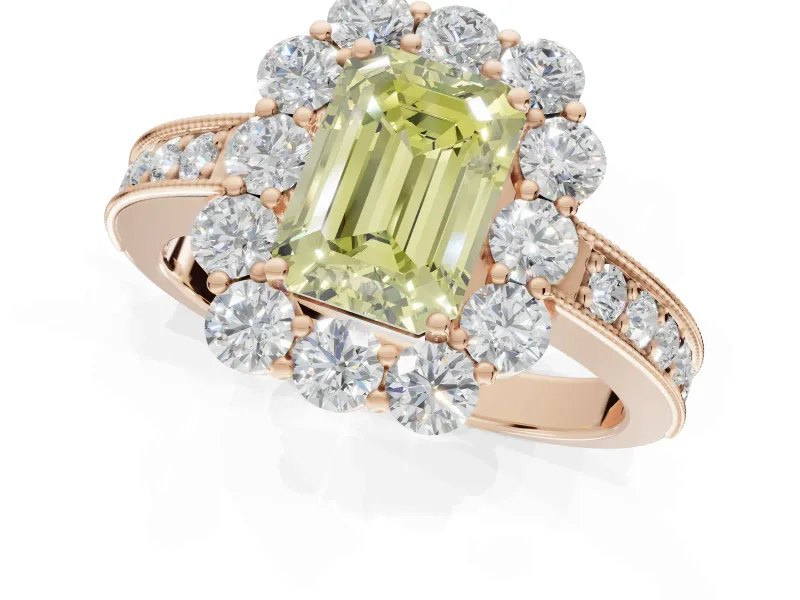 Emerald Cut Vintage Halo Engagement Ring Setting for a Fancy Yellow Lab-Grown Diamond | Rose Gold