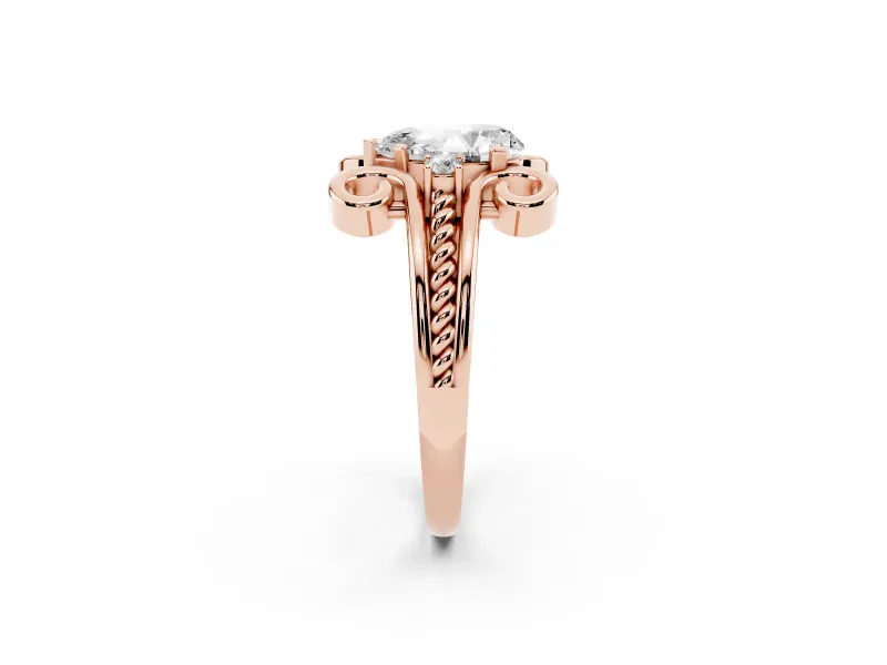 Pear Cut Diamond Twisted Band Solitaire Ring Set in Rose gold with Scroll Prongs