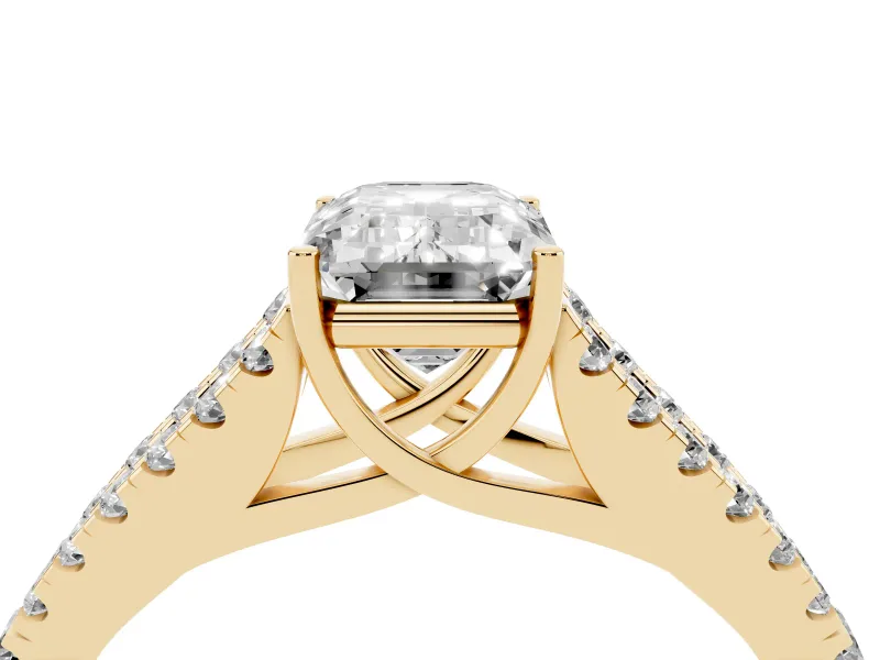 Emerald Cut Graduated Pave Split Shank Engagement Ring Setting | V Split Shoulders | Yellow Gold
