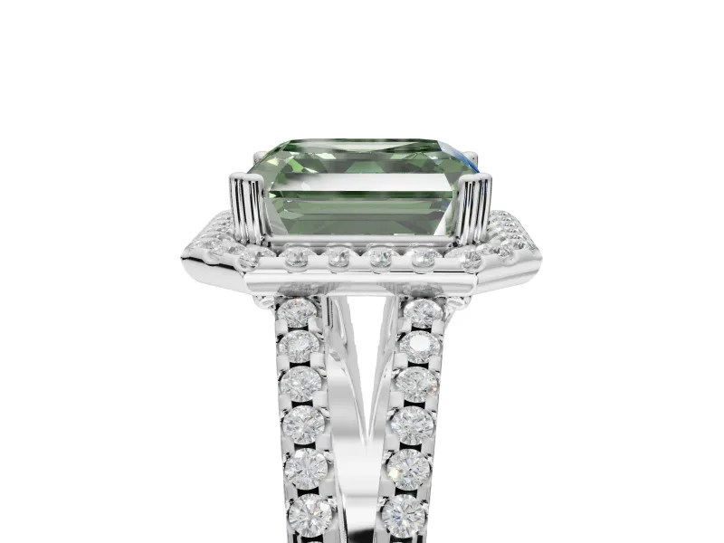 Asscher Cut Halo Split Shank Engagement Ring Setting for a Fancy Green Lab-Grown Diamond | Pavé Shoulders | Platinum