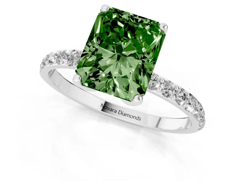 Fancy Green Radiant Cut Diamond Solitaire Engagement Ring Set in Platinum with Round Pavé Band and Prong Setting