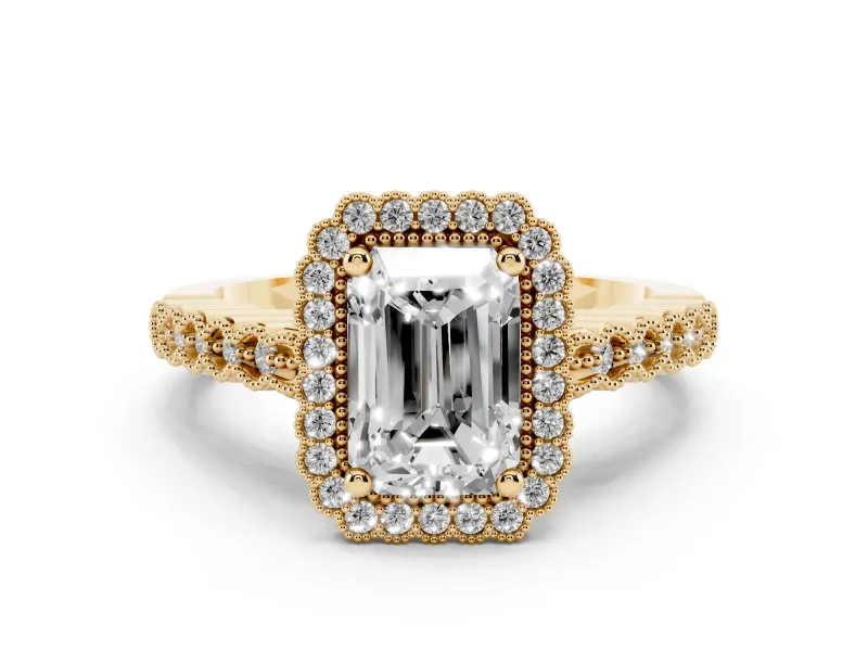 Radiant Cut Diamond Halo Ring Set in Yellow gold with Pavé Milgrain Band