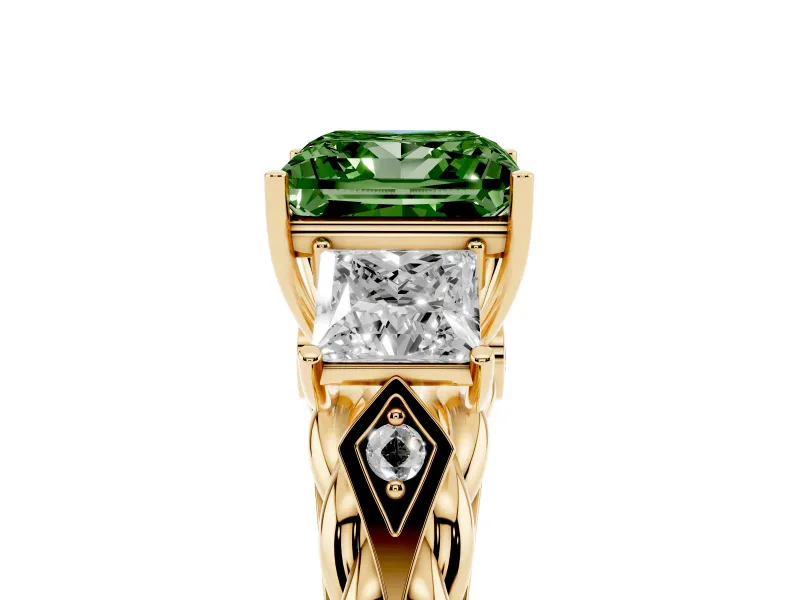 Fancy Green Princess Cut Diamond Three-Stone Ring Set in Yellow gold with Braided Band