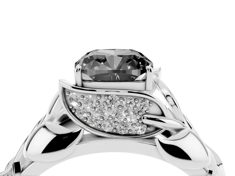 Cushion Cut Leaf Bypass Engagement Ring Setting for a Black Center | Pavé Leaf Accents | White Gold