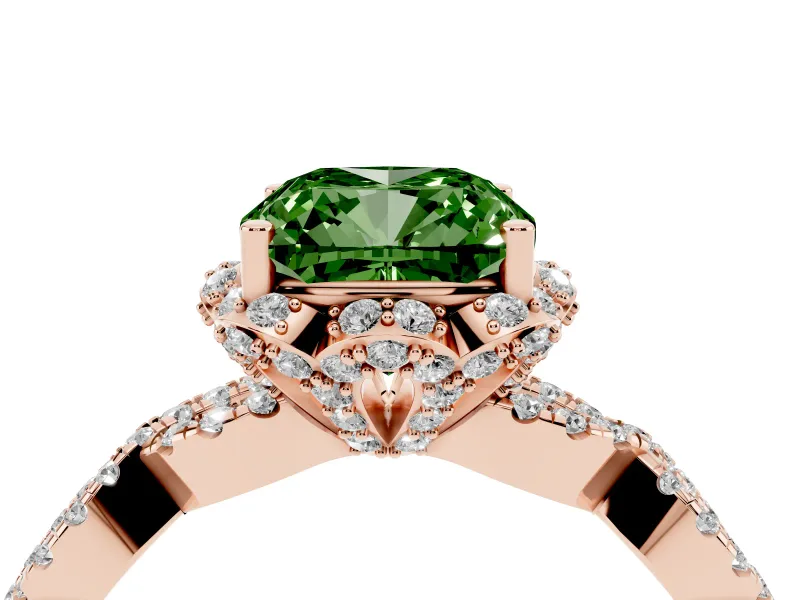 Fancy Green Cushion Cut Diamond Halo Twist Band Solitaire Ring Set in Rose gold with Prong-Set Center Stone