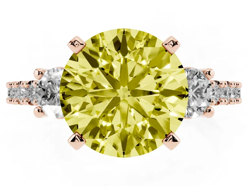 Fancy Yellow Three-Stone Round Cut Diamond Pavé Band Ring Set in Rose gold with Prong Setting