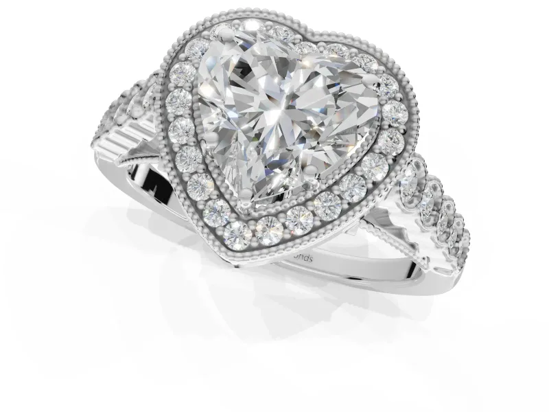Heart-Shaped Milgrain Halo Engagement Ring Setting | Graduated Bezel Accents | White Gold