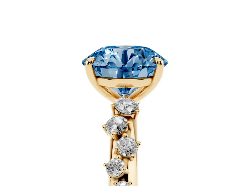 Fancy Blue Round Cut Diamond Cluster Solitaire Ring Set in Yellow gold with Prong Setting