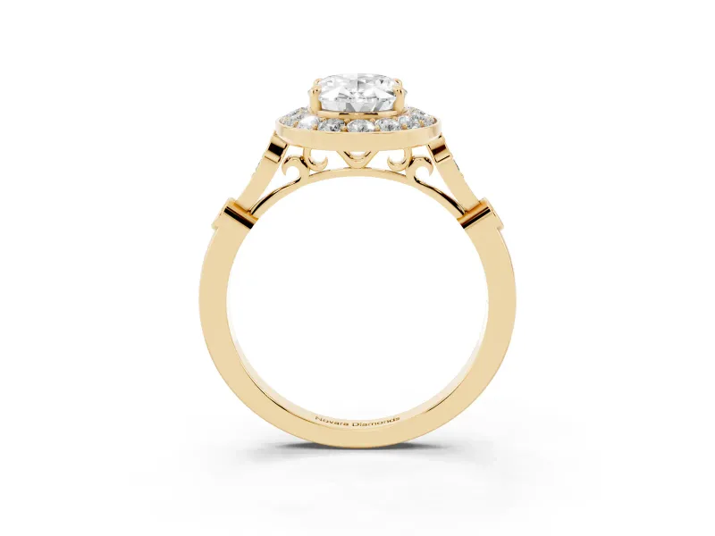 Oval Vintage Halo Engagement Ring Setting | Bezel Station Shoulders | Yellow Gold
