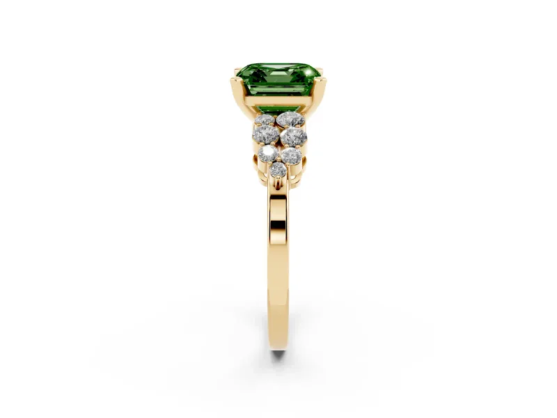 Fancy Green Asscher Cut Diamond Cluster Engagement Ring Set in Yellow gold with Pavé Band and Prong Setting