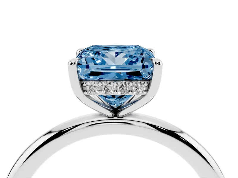 Fancy Blue Princess Cut Diamond Solitaire Ring Set in Platinum with Thin Band and Prong Setting