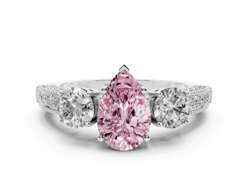 Fancy Pink Pear Cut Diamond Three-Stone Ring Set in White gold with Round Side Stones and Pavé Band