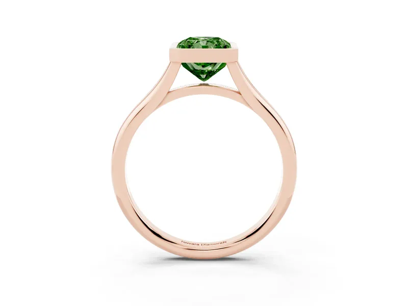 Fancy Green Bezel Set Radiant Cut Diamond Solitaire Ring Set in Rose gold with Tapered Band