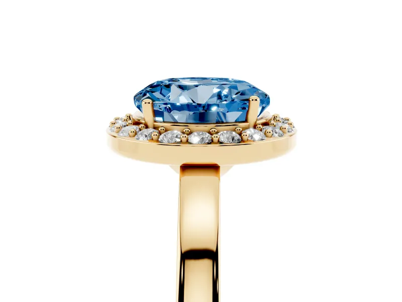 Round Thin Halo Low Profile Engagement Ring Setting for a Fancy Blue Lab-Grown Diamond | Slim Plain Band | Yellow Gold