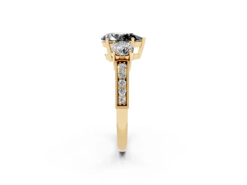 Pear-Shaped Vintage Three Stone Engagement Ring Setting for a Black Center | Graduated Milgrain Pavé | Yellow Gold