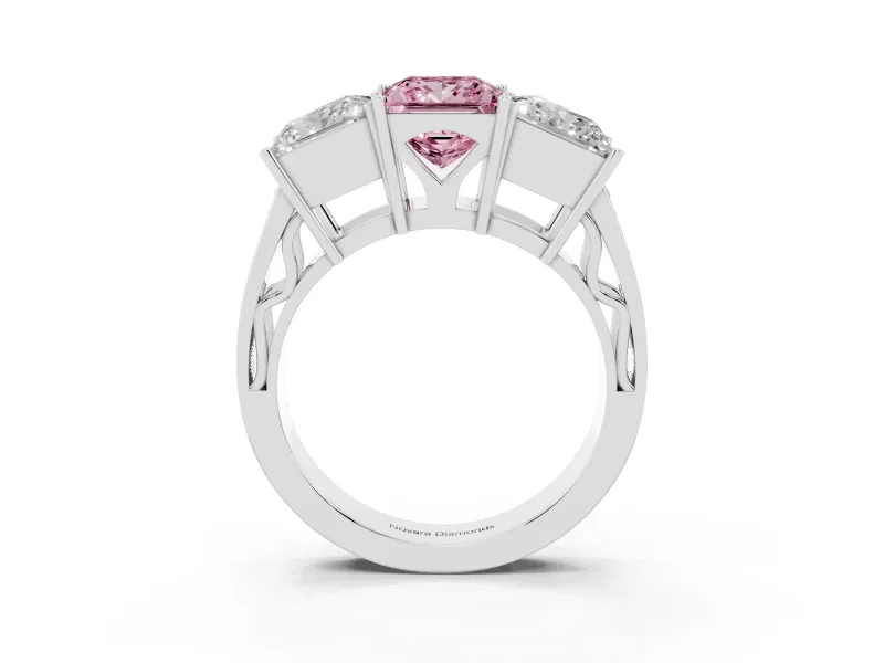 Princess Cut Three Stone Engagement Ring Setting for a Fancy Pink Lab-Grown Diamond | Beaded Shoulders | Platinum