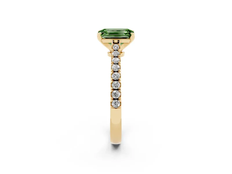 Fancy Green Emerald Cut Diamond Solitaire Engagement Ring Set in Yellow gold with Delicate Pavé Band and Prong Setting