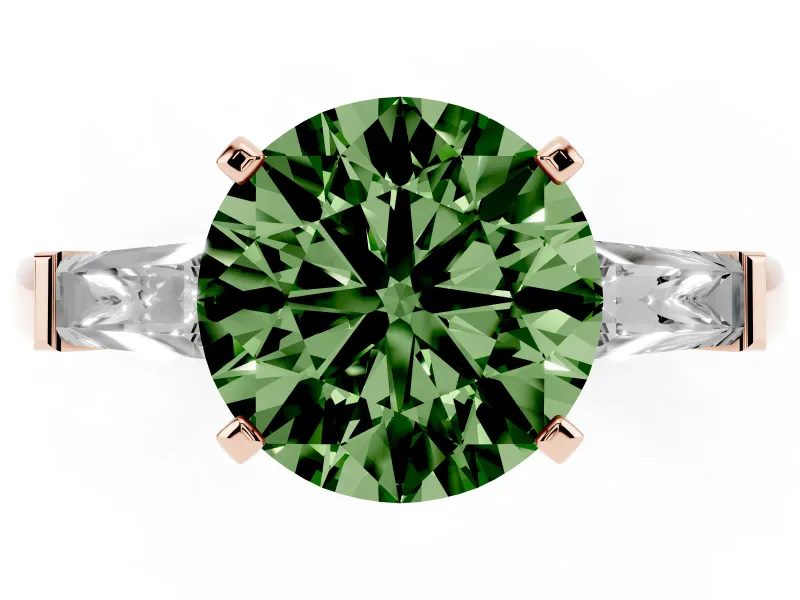 Fancy Green Round Cut Diamond Solitaire Ring Set in Rose gold with Tapered Baguette Side Stones and Prong Setting
