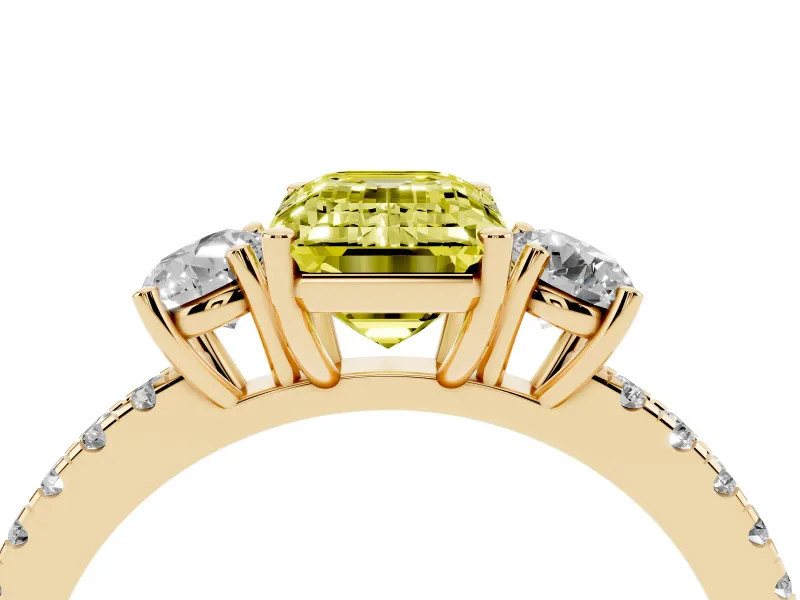 Emerald Cut Three Stone Engagement Ring Setting for a Fancy Yellow Lab-Grown Diamond | Pave Shoulders | Yellow Gold