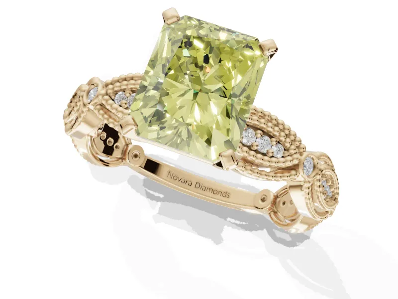 Radiant Cut Vintage Engagement Ring Setting for a Fancy Yellow Lab-Grown Diamond | Graduated Stations | Yellow Gold