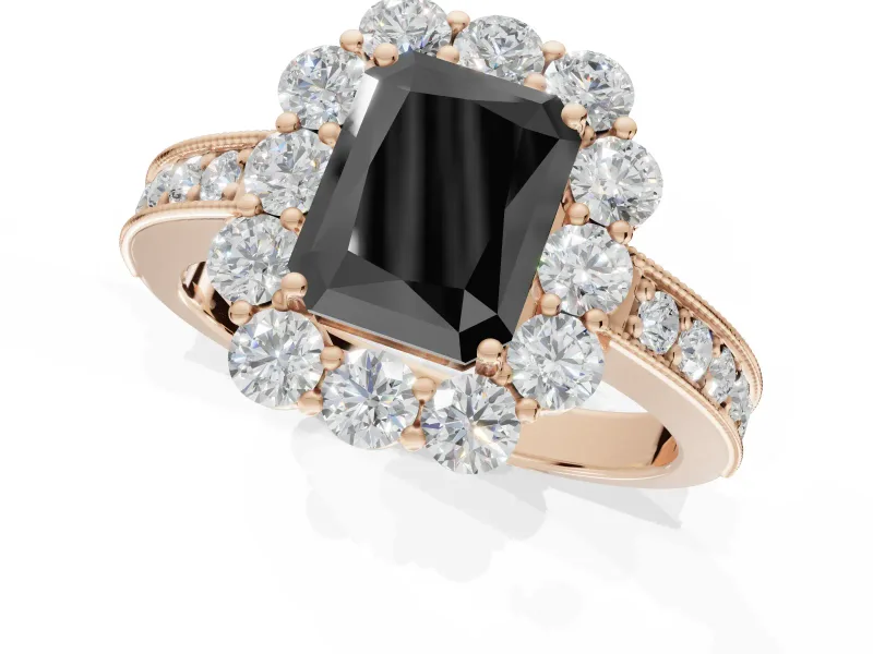 Fancy Black Radiant Cut Lab-Grown Diamond Halo Pavé Engagement Ring Set in Rose Gold with Milgrain Detailing