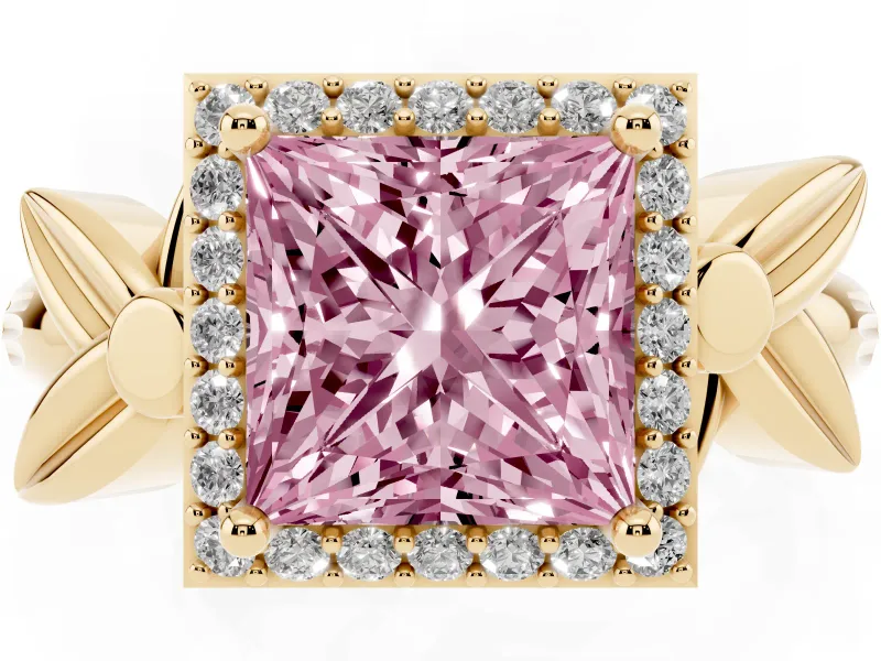 Princess Cut Floral Halo Engagement Ring Setting for a Fancy Pink Lab-Grown Diamond | Yellow Gold