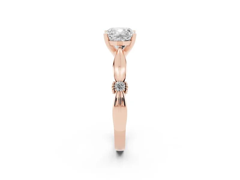 Cushion Cut Diamond Solitaire Twisted Band Ring Set in Rose gold with Accent Stones and Prong Setting