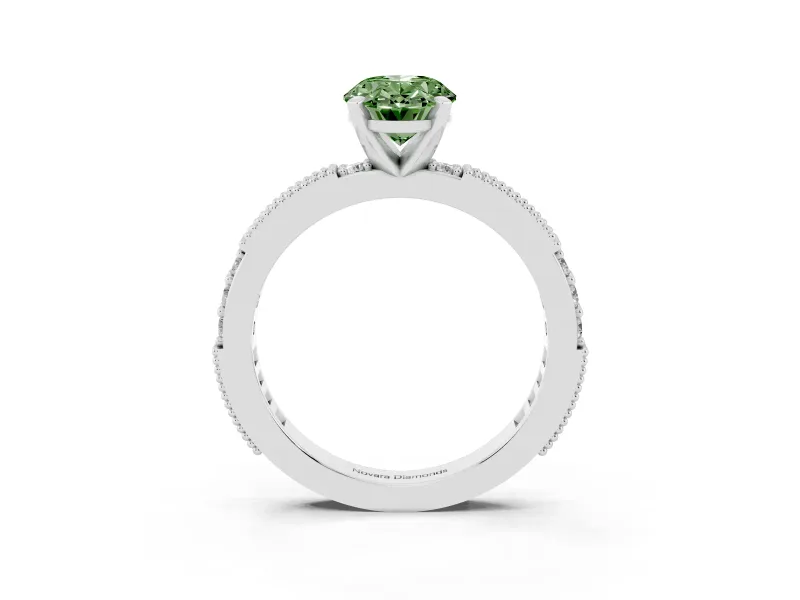 Fancy Green Oval Cut Diamond Solitaire Ring Set in White gold with Slim Pavé Band and Prong Setting