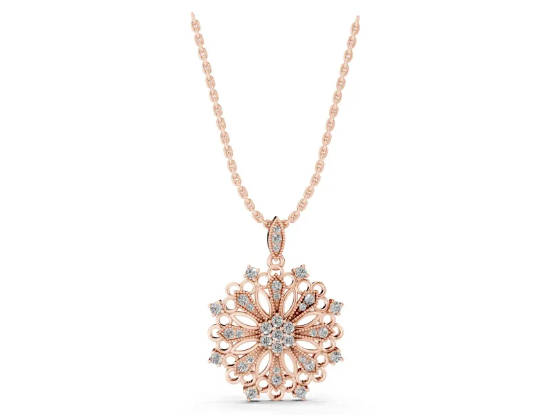 Round Lab-Grown Diamond Cluster Milgrain Floral Pendant Necklace | Openwork Medallion | Rose Gold