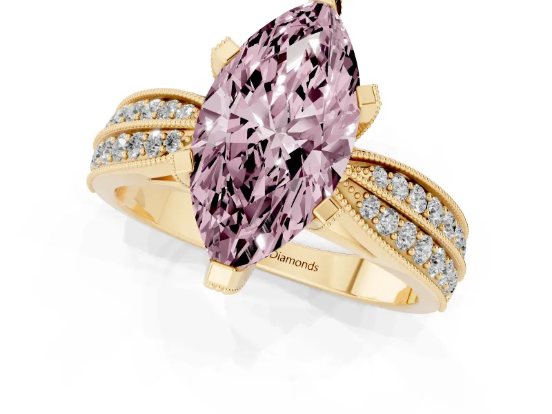 Fancy Pink Marquise Cut Diamond Solitaire Ring Set in Yellow gold with Milgrain Double Row Round Pavé Band
