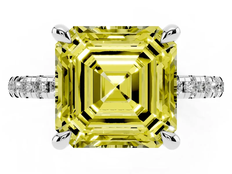 Fancy Yellow Asscher Cut Diamond Brilliant Solitaire Ring Set in Platinum with Pavé Band and Prong Setting