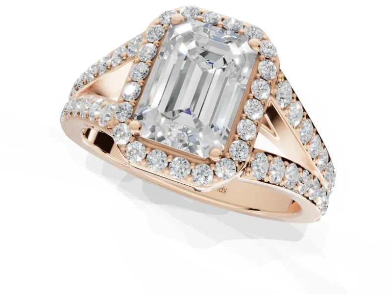 Emerald Cut Halo Pavé Engagement Ring Setting | Narrow Split Shank | Rose Gold