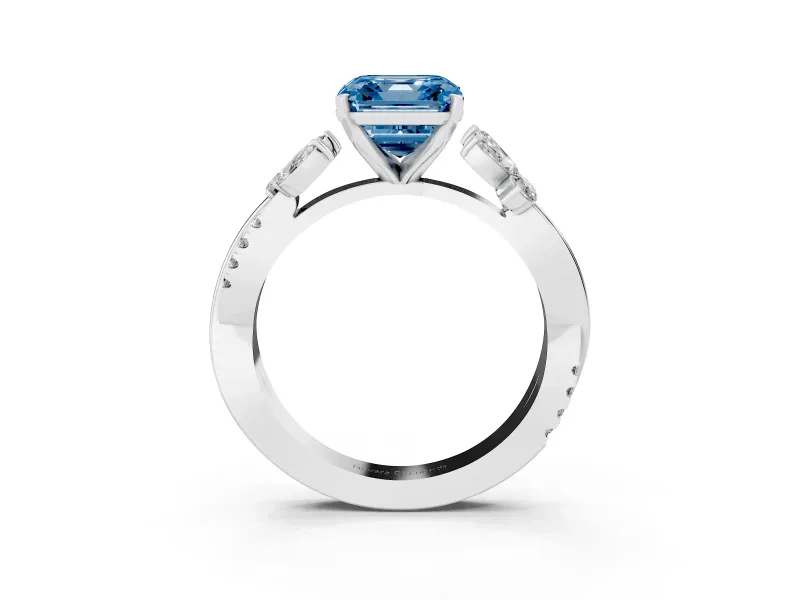 Fancy Blue Asscher Cut Diamond Floral Vine Solitaire Engagement Ring Set in White gold with Marquise Leaves