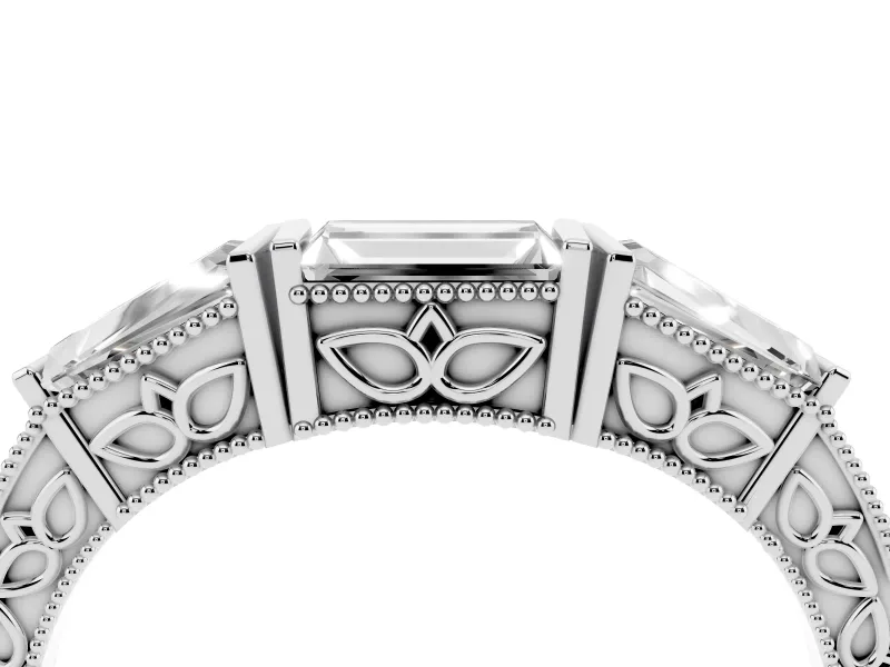 Baguette and Pear-Shaped Lab-Grown Diamond Milgrain Wedding Band | Chevron Sides | White Gold