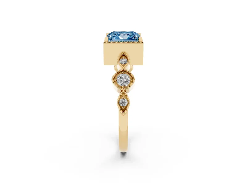 Fancy Blue Princess Cut Diamond Vintage-Inspired Milgrain Ring Set in Yellow gold with Marquise Stations of Round Accents