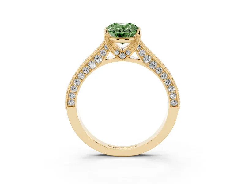 Oval Vintage Hidden Halo Engagement Ring Setting for a Fancy Green Lab-Grown Diamond | Milgrain Pave Band | Yellow Gold