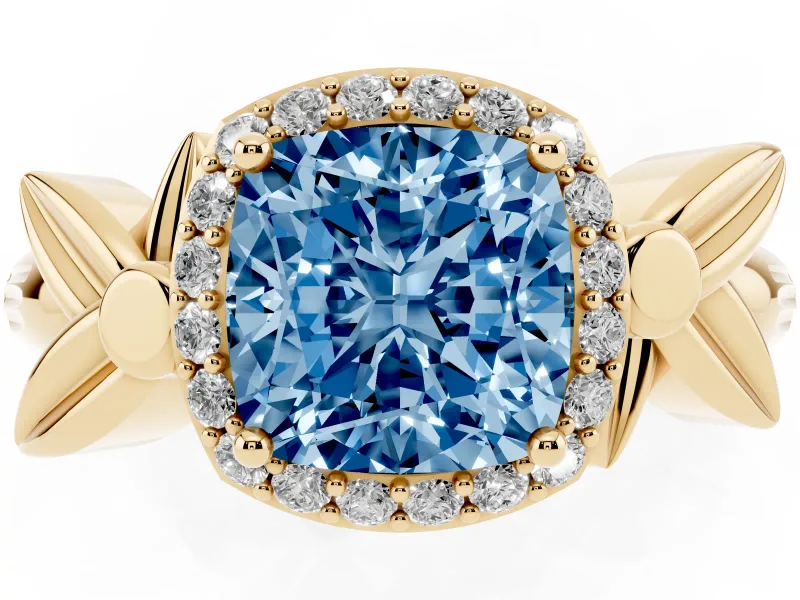 Cushion Cut Floral Halo Engagement Ring Setting for a Fancy Blue Lab-Grown Diamond | Yellow Gold