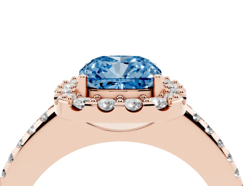 Cushion Cut Pave Halo Engagement Ring Setting for a Fancy Blue Lab-Grown Diamond | Pave Band | Rose Gold