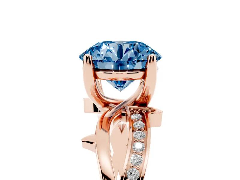 Fancy Blue Round Cut Diamond Pavé Twist Band Solitaire Ring Set in Rose gold with Prong Setting