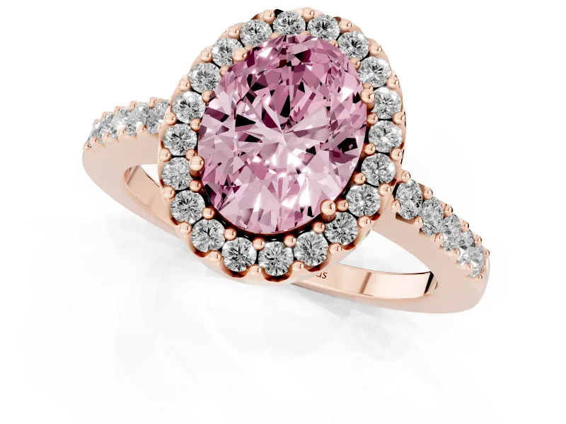 Fancy Pink Oval Cut Diamond Halo Pavé Solitaire Ring Set in Rose gold with Prong-Set Center Stone
