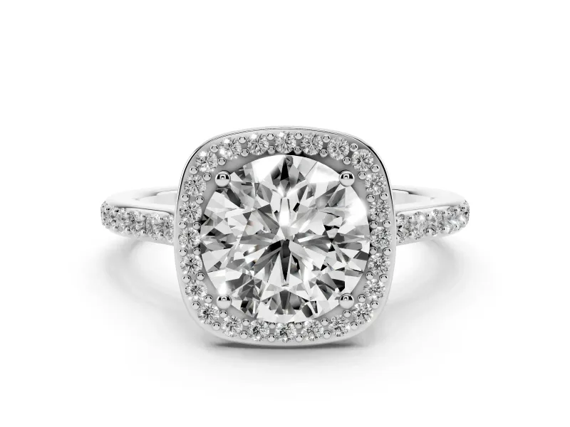 Round Cut Diamond Halo Engagement Ring Set in Platinum with Round Pavé Shoulders and Heart Gallery