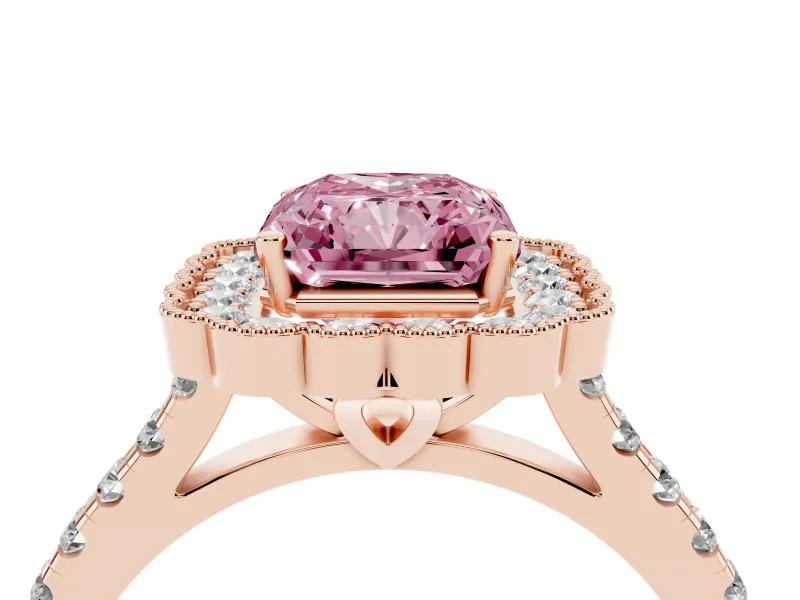 Fancy Pink Radiant Cut Diamond Milgrain Floral Halo Engagement Ring Set in Rose gold with Pavé Band