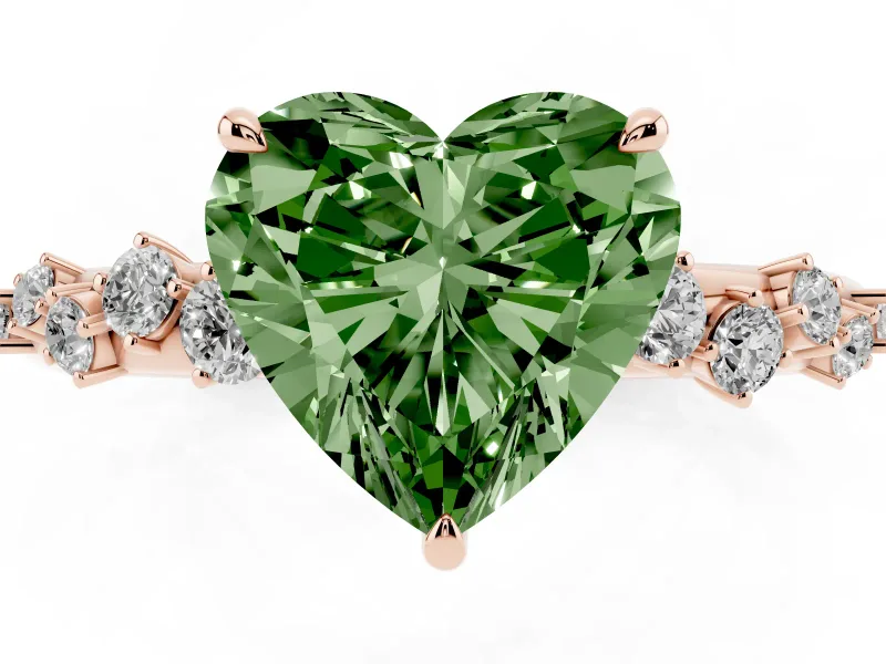 Fancy Green Heart Cut Diamond Cluster Solitaire Ring Set in Rose gold with Prong Setting
