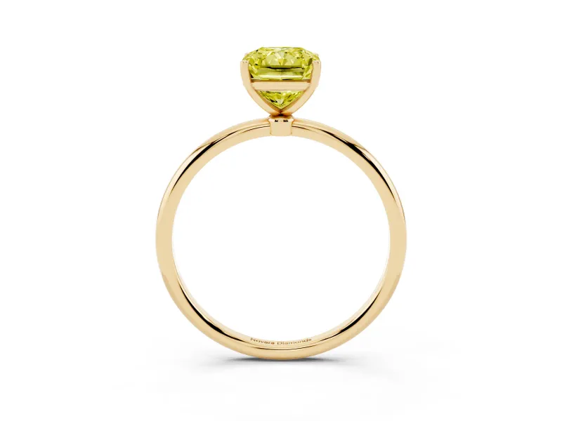 Fancy Yellow Radiant Cut Diamond Solitaire Engagement Ring Set in Yellow gold with Thin Band and Prong Setting