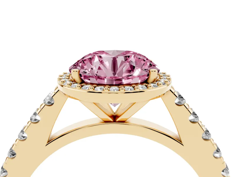 Fancy Pink Round Cut Diamond Halo Engagement Ring Set in Yellow gold with Pavé Band and Prong Setting