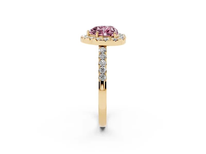 Fancy Pink Heart Cut Diamond Halo Pavé Solitaire Ring Set in Yellow gold with Prong-Set Center Stone