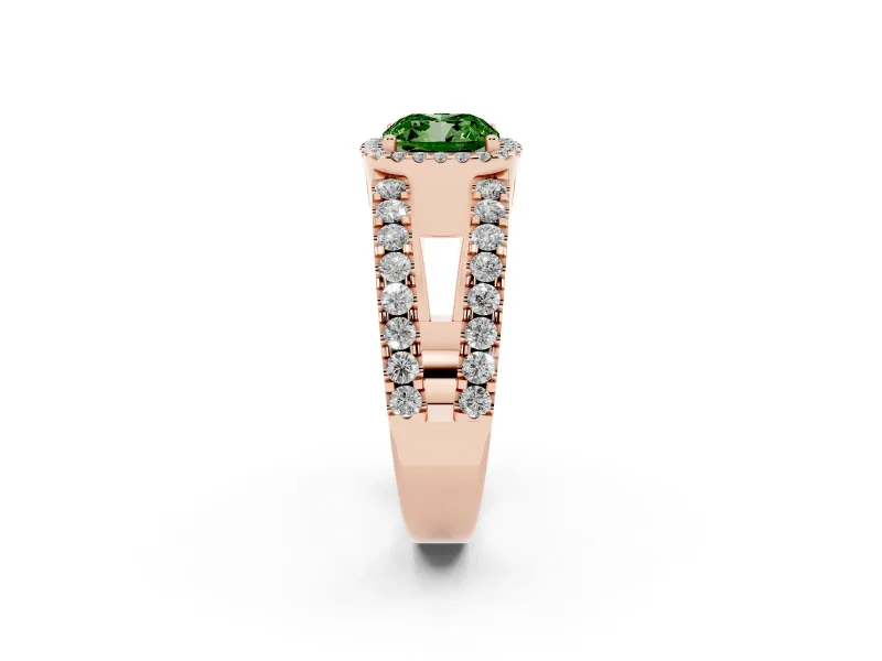 Fancy Green Cushion Cut Diamond Halo Ring Set in Rose gold with Pavé Split Shank and Prong Setting