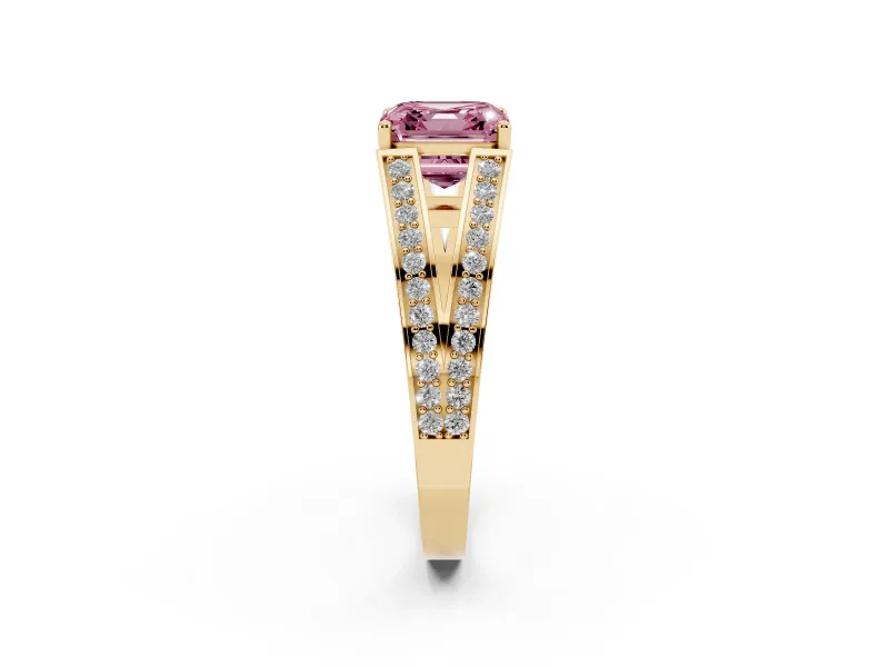 Fancy Pink Asscher Cut Diamond Split Shank Ring Set in Yellow gold with Pavé Band and Prong Setting