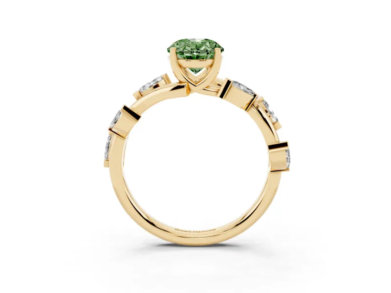 Fancy Green Oval Cut Diamond Solitaire Ring Set in Yellow gold with Twisted Marquise Accent Band