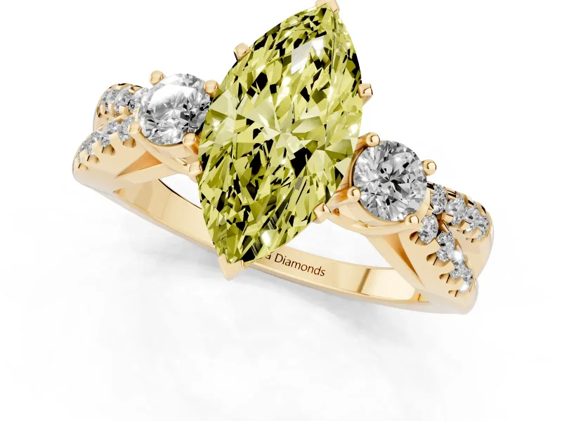Fancy Yellow Marquise Cut Diamond Three-Stone Ring Set in Yellow gold with Pavé Split Shank and Prong Setting